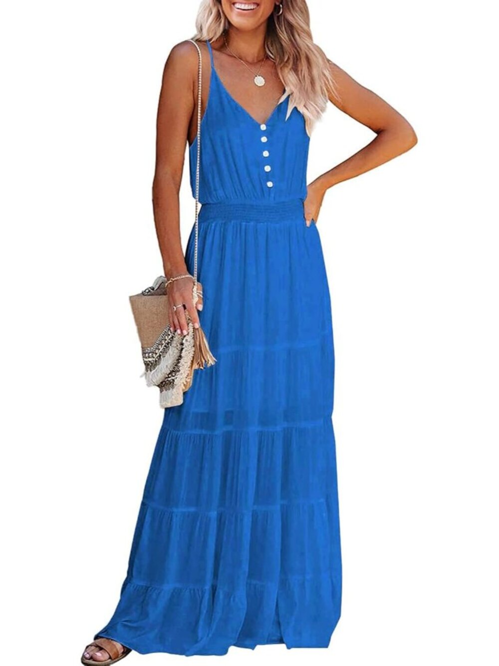 〽️Women's Lake Blue Spaghetti Strap V Neck Flowy Maxi Dress Summer Sundress